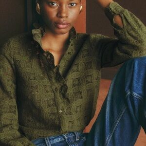 Sezane Chlo Lace Shirt in  Green Khaki Guipure Lace Size 8